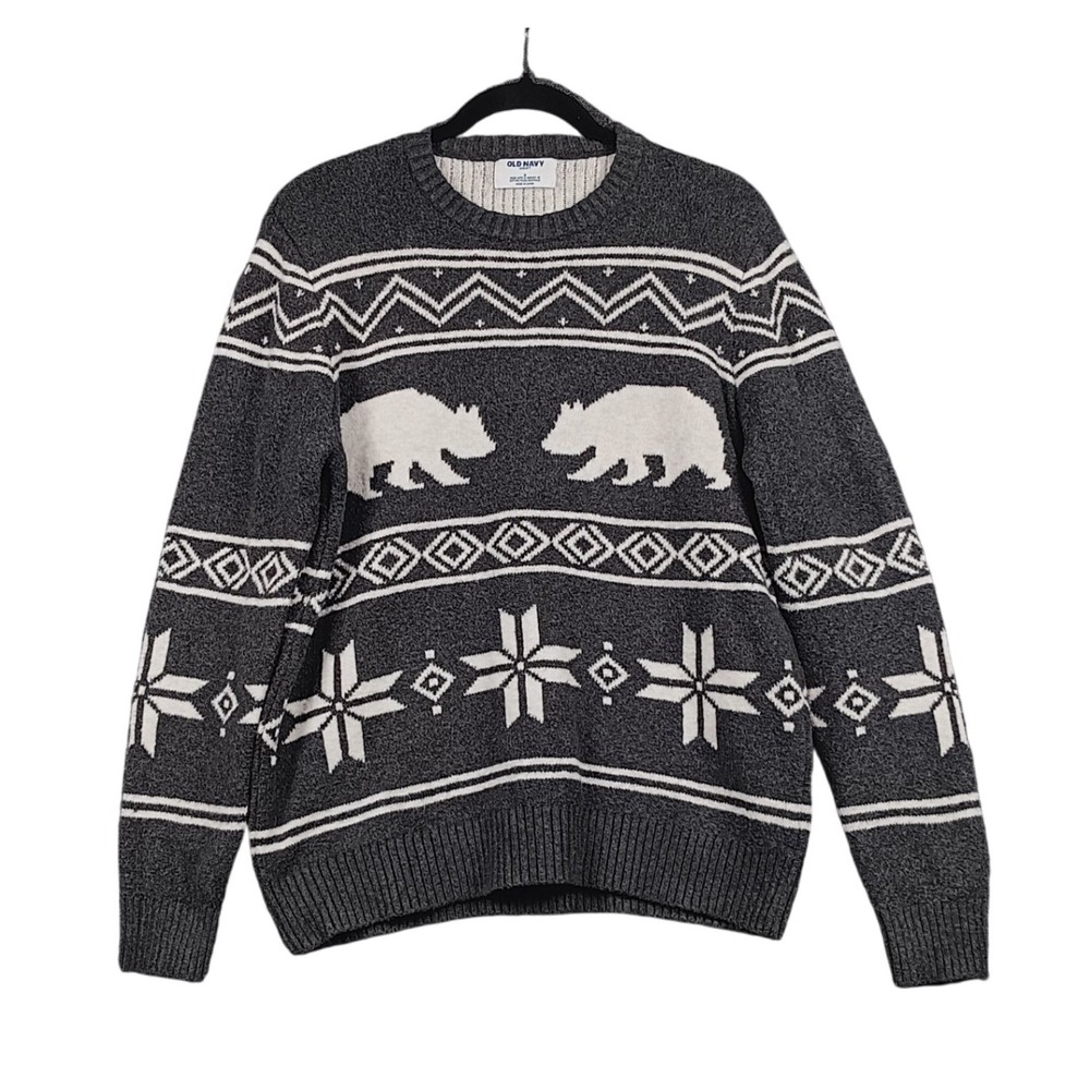 Old Navy Mens Gray Bear Fair Isle Crew‎ Neck Sweater Pullover Winter Holiday